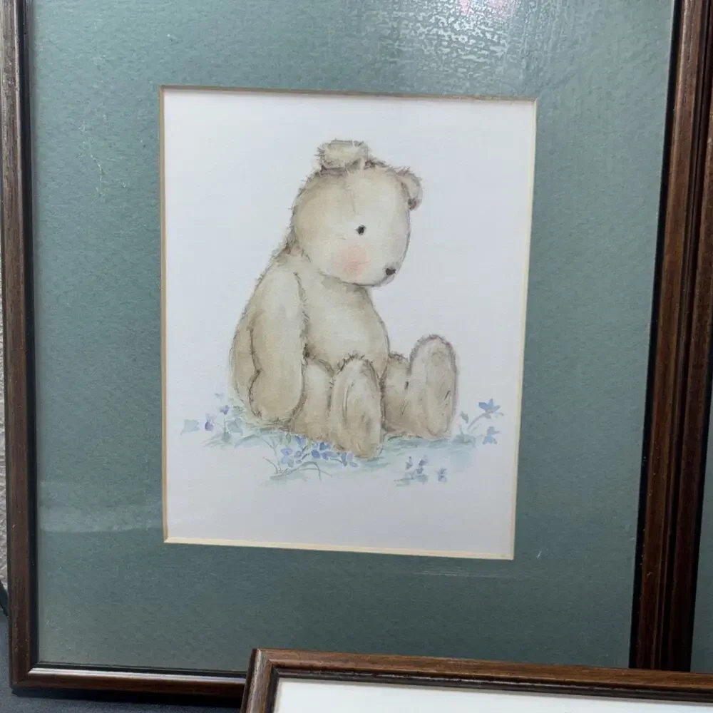 3 Vtg Teddy Bears Cottagecore Nursery Decorations Wood Framed Matted